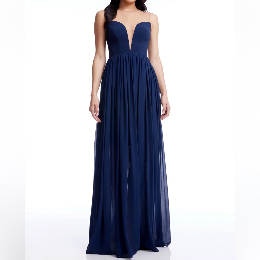 Dress The Population “Eleanor” Crepe/chiffon Gown, Sz S, New, Navy-beige
